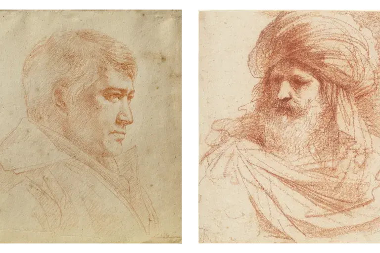 The subjects of two drawn portraits face each other.