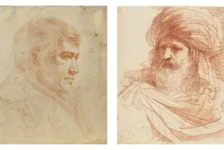 The subjects of two drawn portraits face each other.